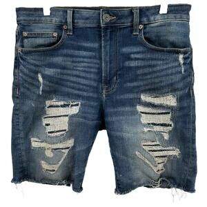 American Eagle Next Level Flex Jean Short Distressed Cut Off Medium Wash Blue 34